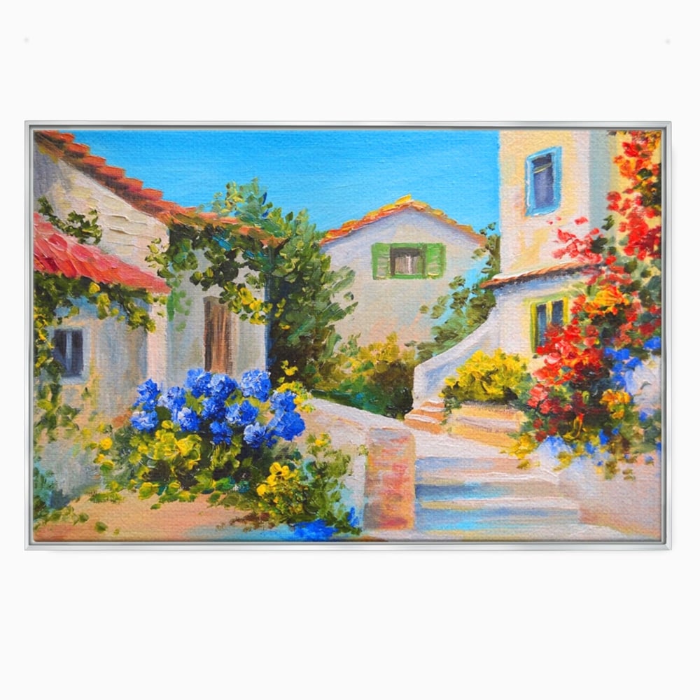 Tablou canvas cu pictura peisaj mediteranean cu case, in rama de aluminiu argintiu